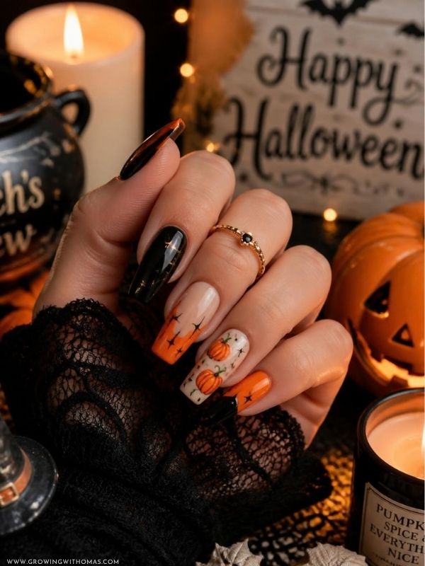 Cute-pumpkin-accent-nail-design-in-thanksgiving-nail-ideas