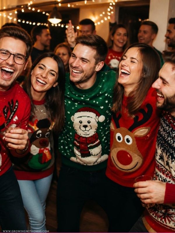 Group-of-friends-wearing-funny-Christmas-sweaters-at-a-festive-party