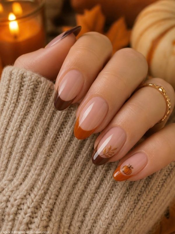 Thanksgiving-French-tip-nails-in-brown-and-orange