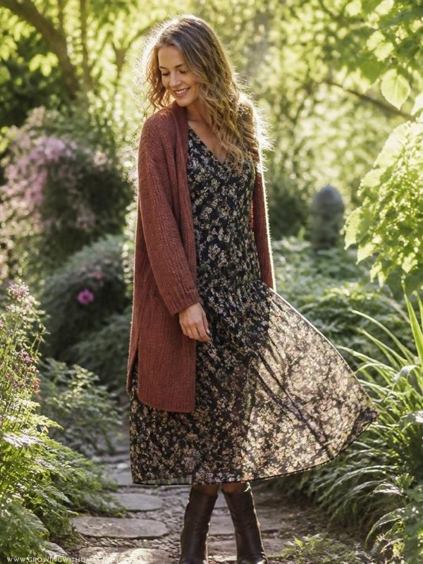Woman-wearing-a-dark-floral-long-sleeve-dress-with-boots-and-a-warm-cardigan