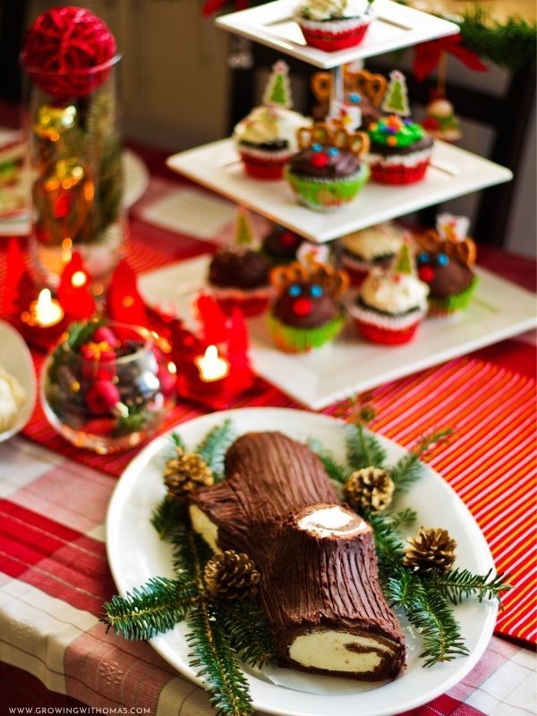 Chocolate-Yule-log-cake-on-a-festive-table