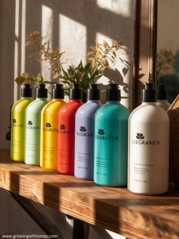 Different-shampoo-bottles-displayed-beside-healthy-hair-products.