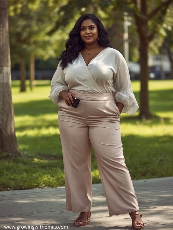 Plus-size-woman-styling-wide-leg-trousers-with-a-blouse