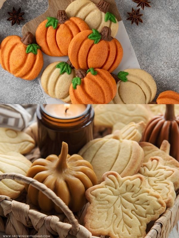 Thanksgiving-sugar-cookies-shaped-like-pumpkins-and-leaves
