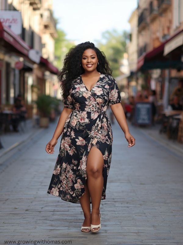 beautiful-woman-wearing-A-Floral-Dress-with-Simple-Shoes